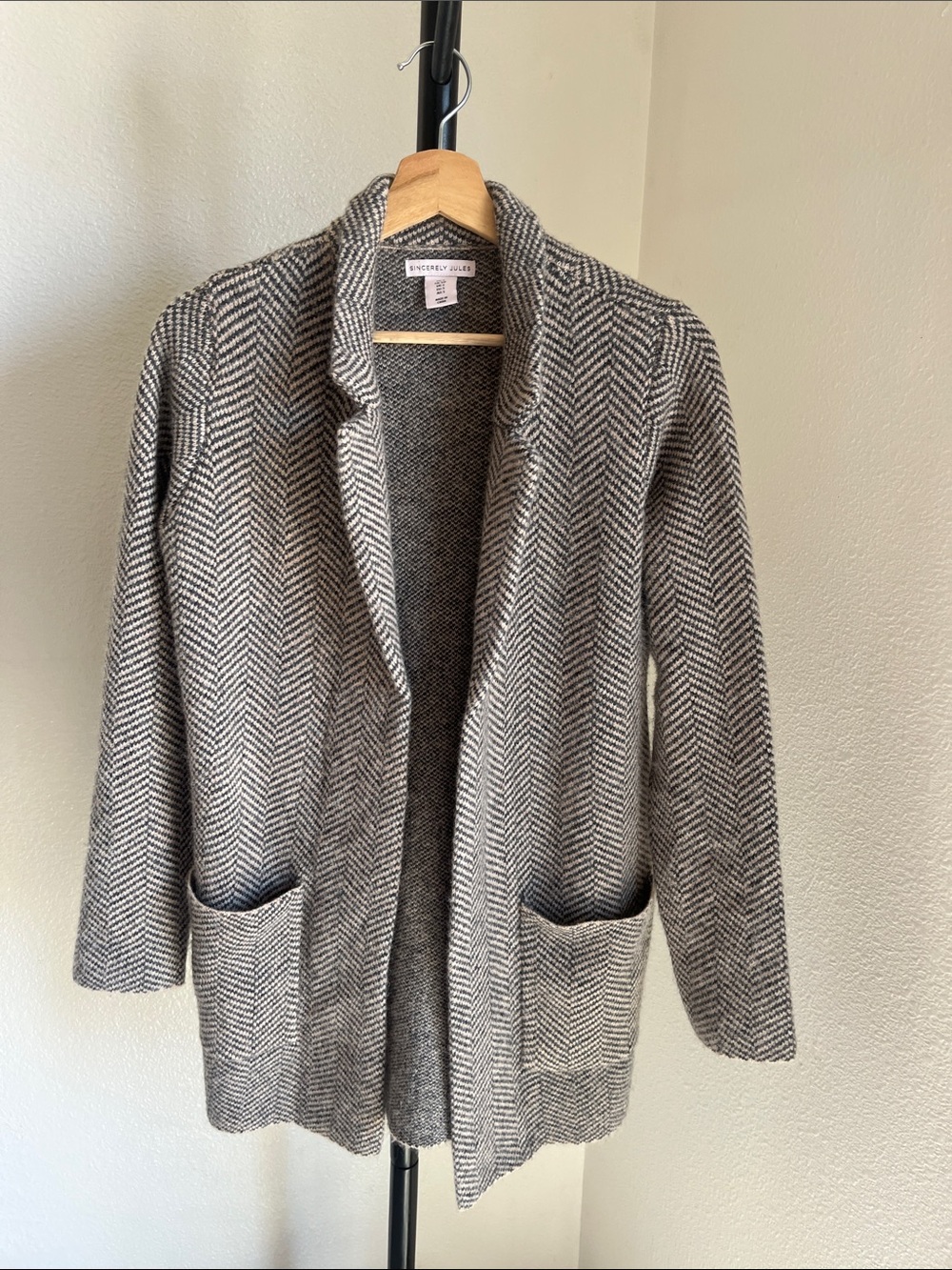 Sincerely Jules Gray Herringbone Open-Front Blazer Cardigan wool blend